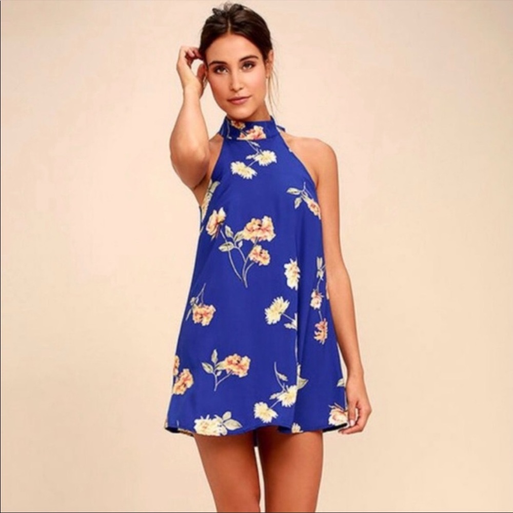 Lulu's Darling Dearest Mini Dress Electric Blue Halter Tie Neck Sleeveless